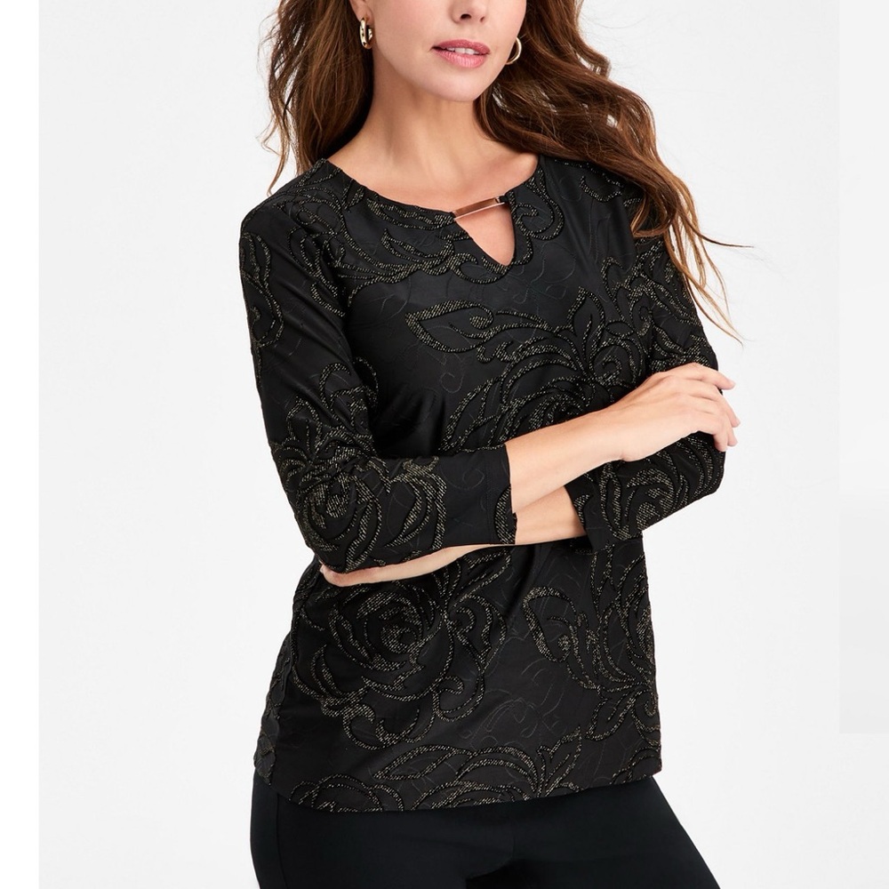 NWT JM Collection Women's Floral Shine Keyhole Jacquard Top